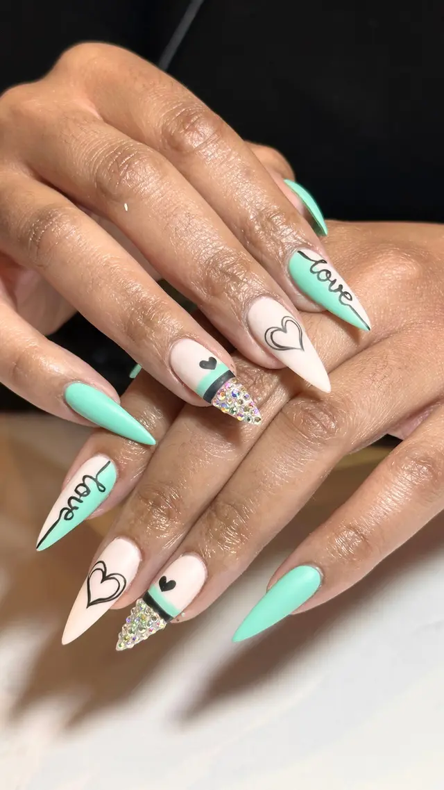 Mint heart love nails
