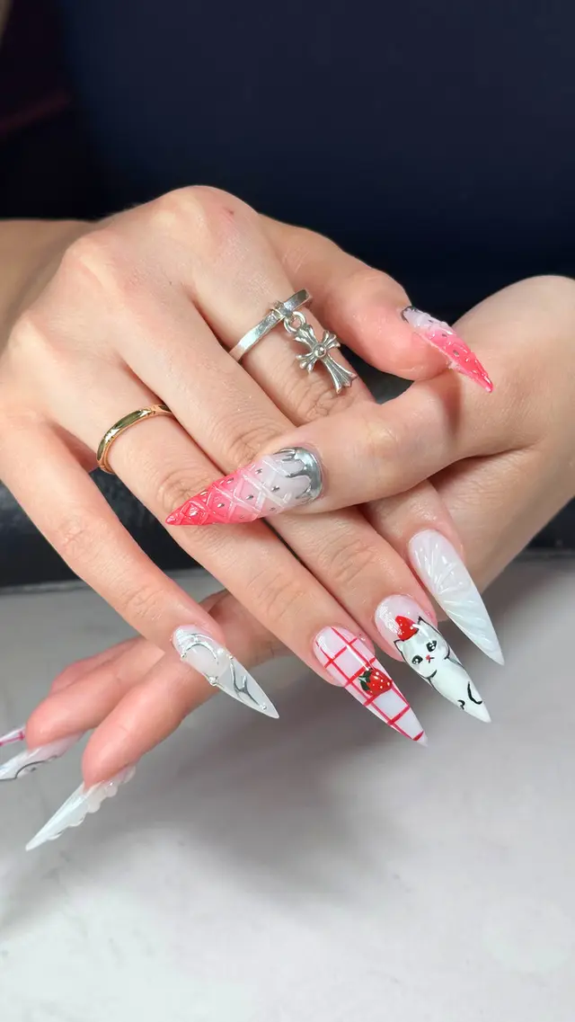 Hand painted cherry and bird nails