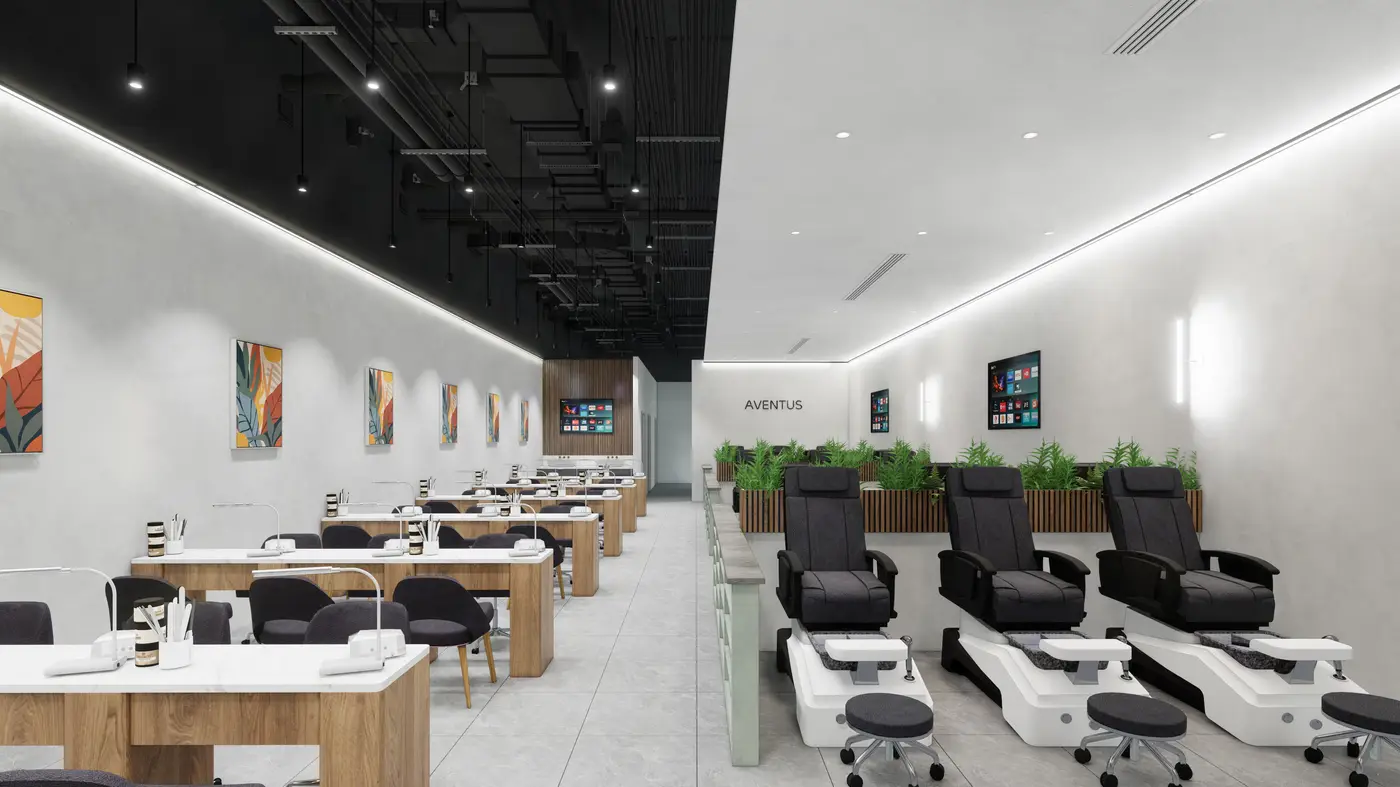Manicure tables and pedicure chairs rendering